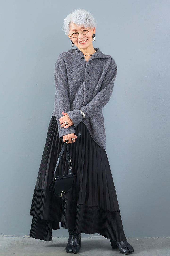 【SET】アシメハイネックボタンニット+アシンメトリープリーツスカート(2set)