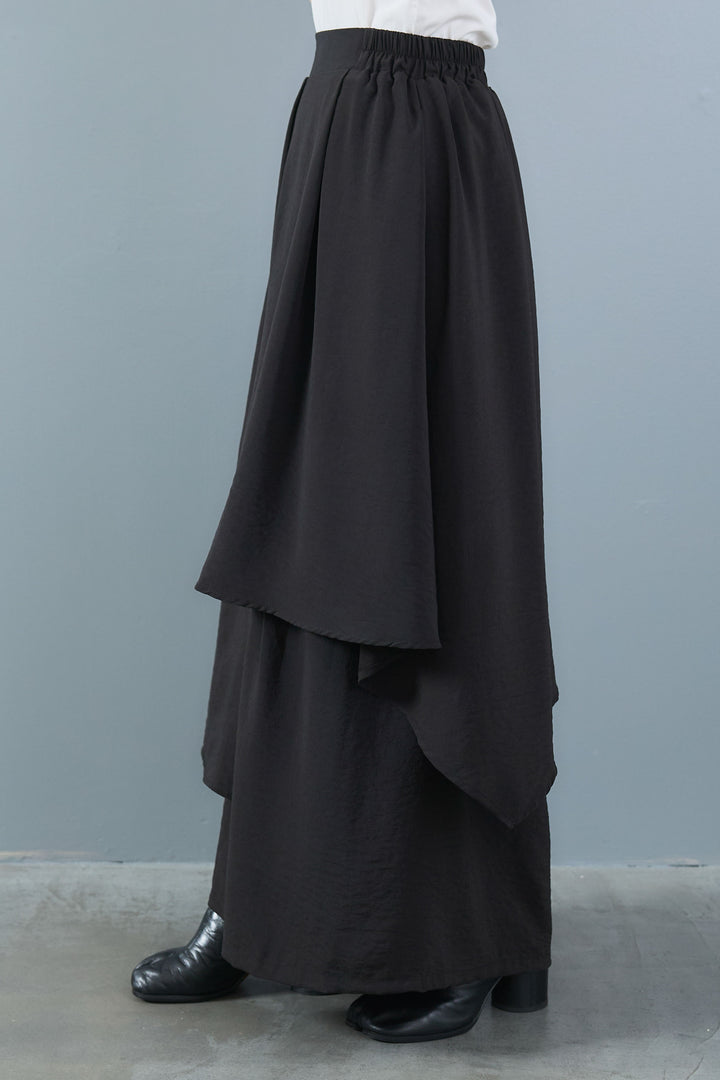 【SET】アシメハイネックボタンニット+アシメレイヤードワイドパンツ(2set)