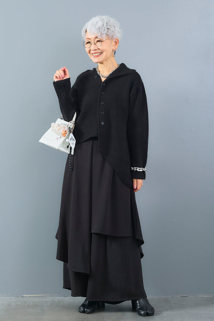 【SET】アシメハイネックボタンニット+アシメレイヤードワイドパンツ(2set)