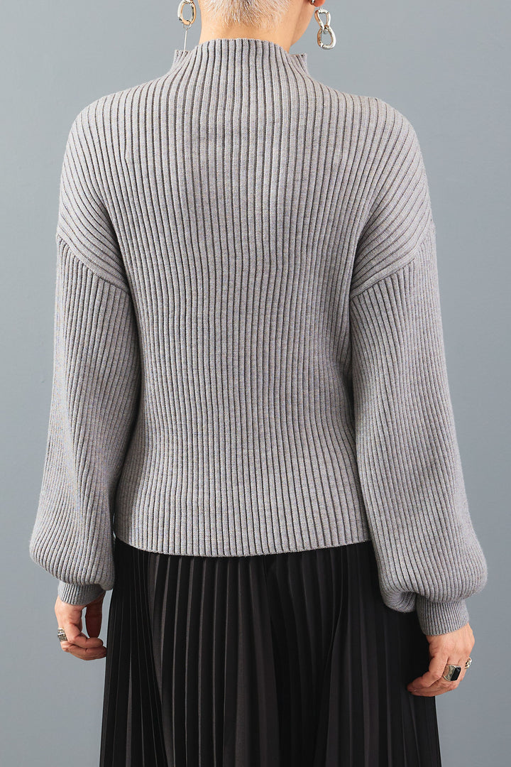 【SET】ボリュームスリーブハイネックリラクシーニット+ノーカラーラウンドシルエットファーコート+アシンメトリープリーツスカート(3set)