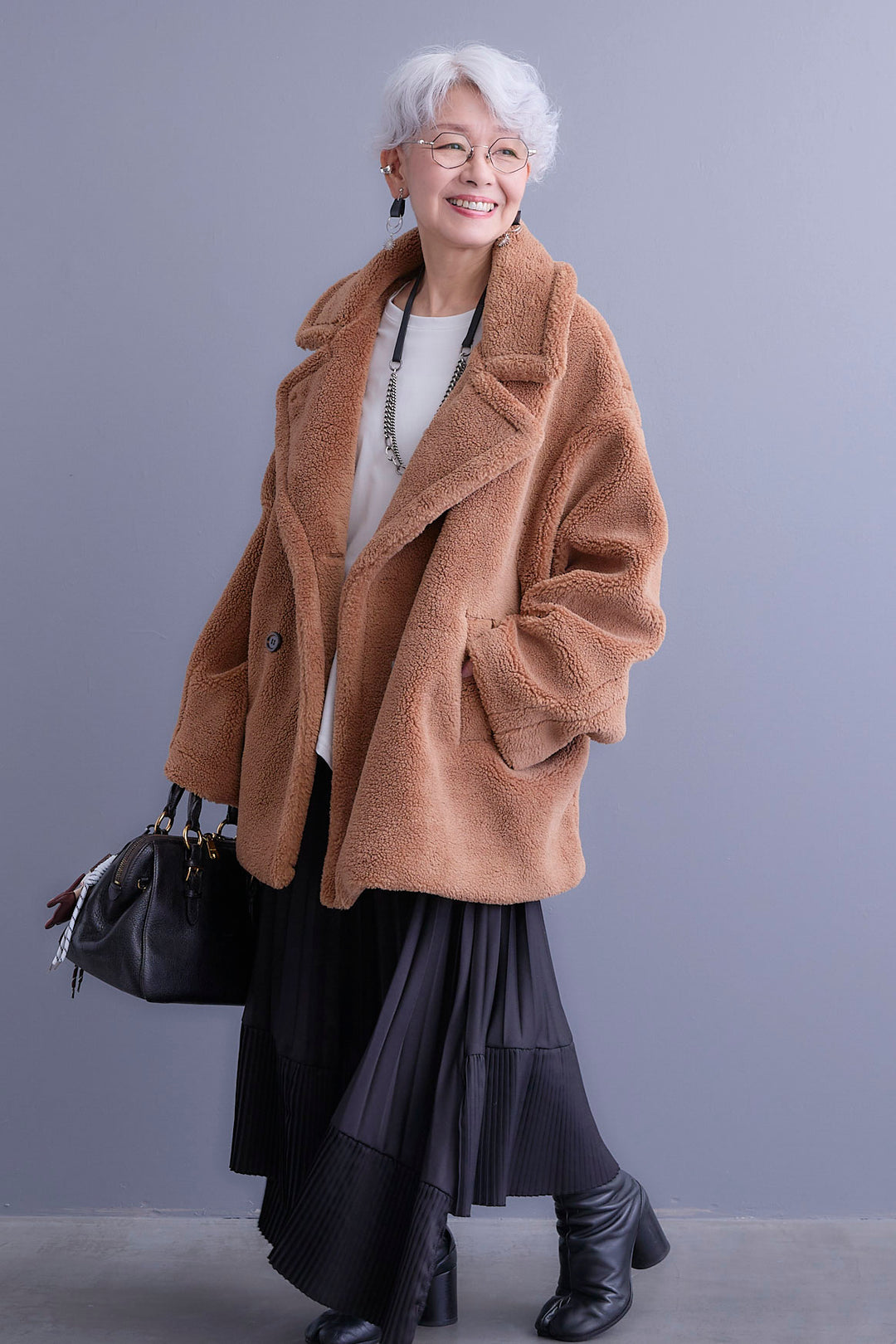 【新色追加】【SET】アシンメトリーロンT+テディボアミディコート+アシンメトリープリーツスカート(3set)