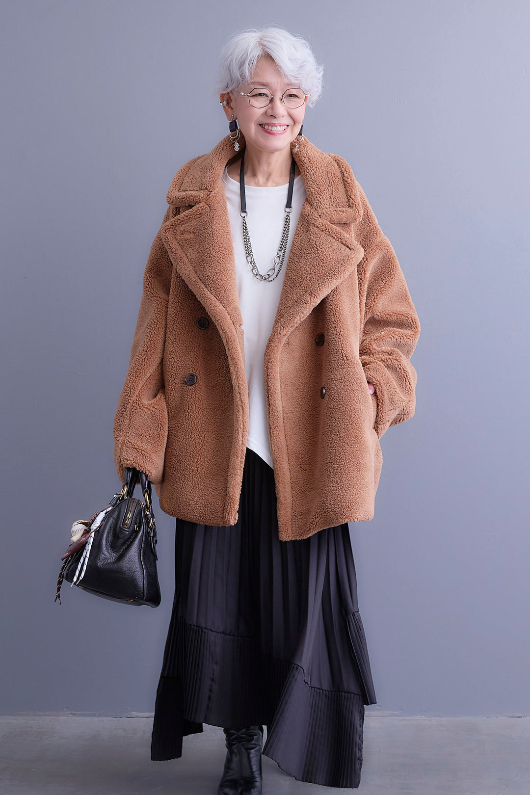 【新色追加】【SET】アシンメトリーロンT+テディボアミディコート+アシンメトリープリーツスカート(3set)