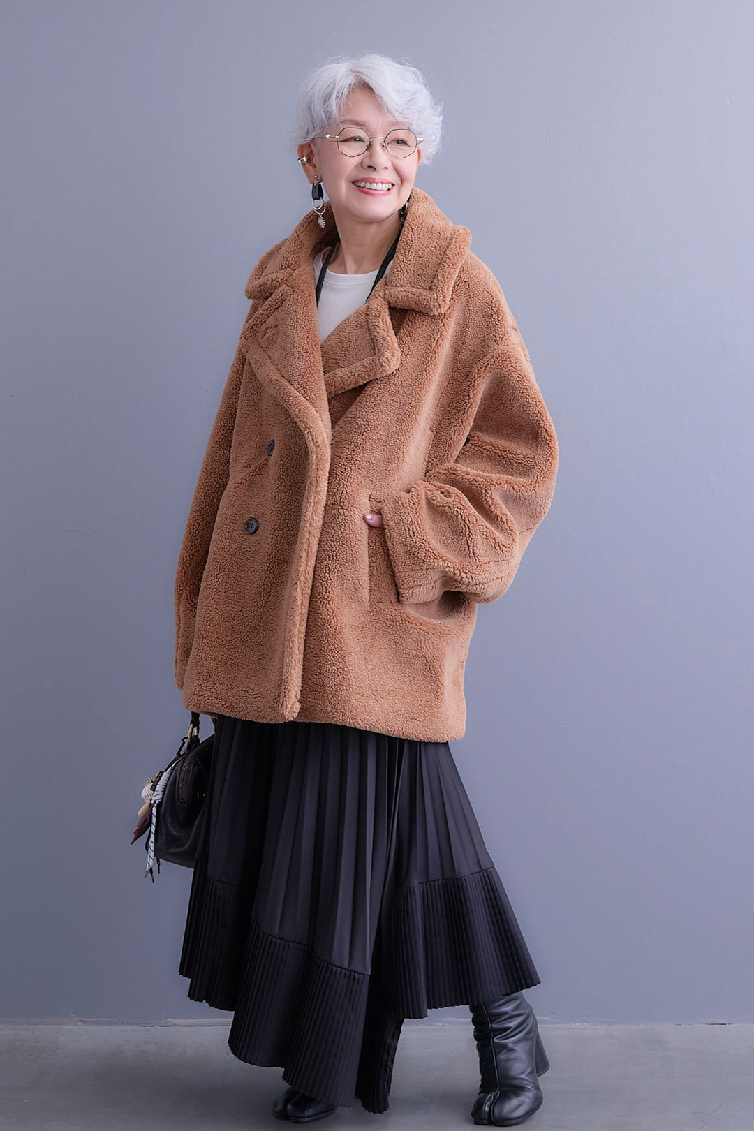 【新色追加】【SET】アシンメトリーロンT+テディボアミディコート+アシンメトリープリーツスカート(3set)