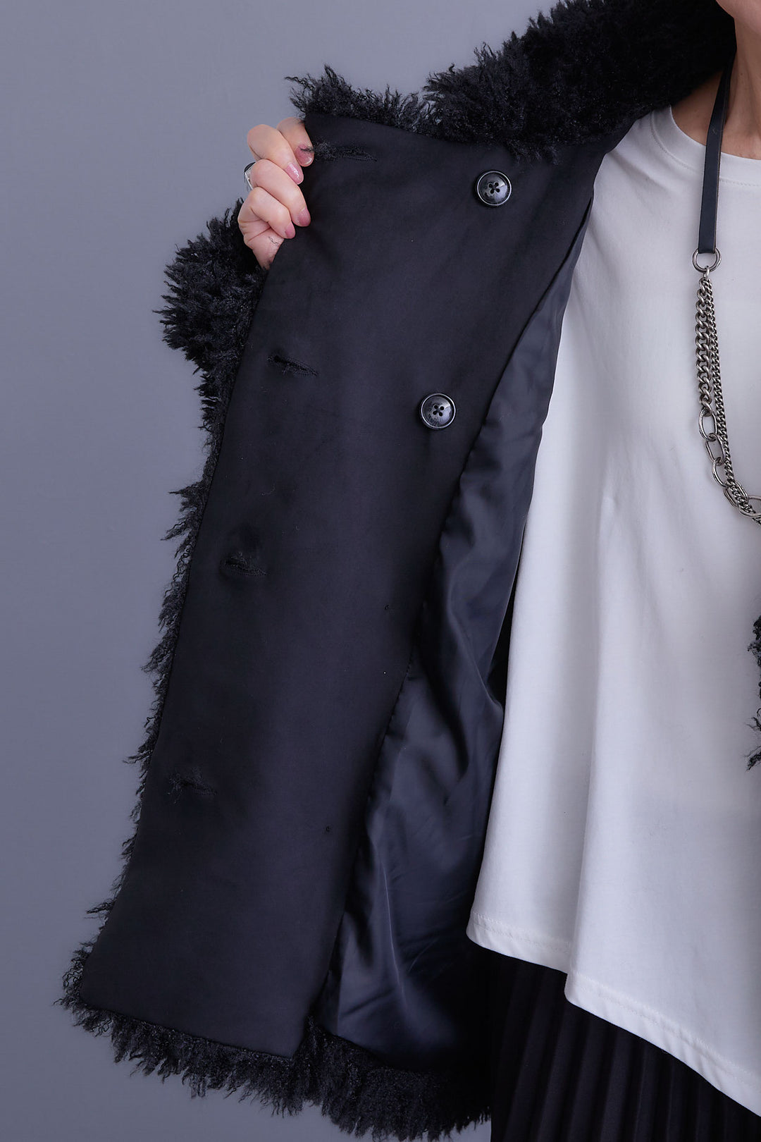 【SET】アシンメトリーロンT+プードルボア2WAYカラーコート+アシンメトリープリーツスカート(3set)