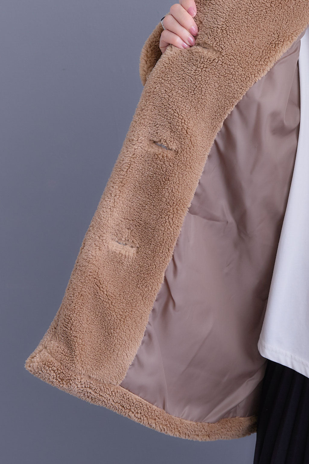 【SET】テディボアフラットカラーコート+アシンメトリープリーツスカート(2set)