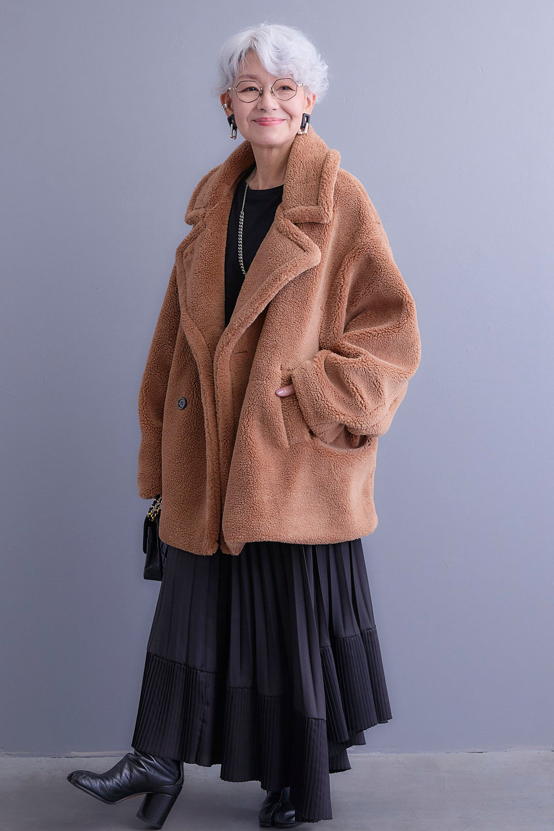 【新色追加】【SET】アシンメトリーロンT+テディボアミディコート+アシンメトリープリーツスカート(3set)