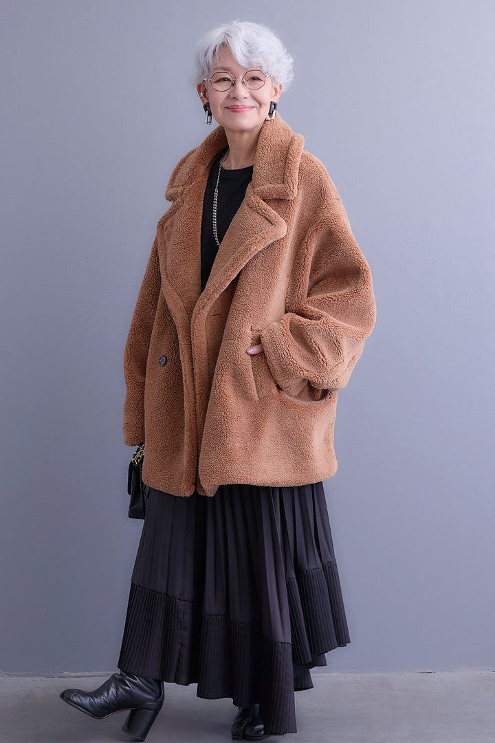 【新色追加】【SET】アシンメトリーロンT+テディボアミディコート+アシンメトリープリーツスカート(3set)