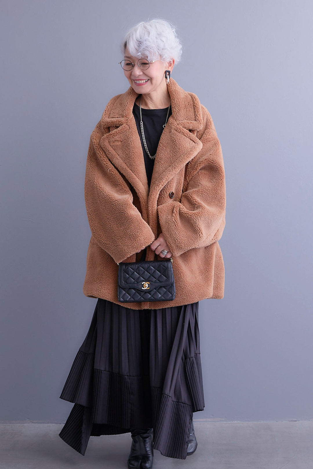 【新色追加】【SET】アシンメトリーロンT+テディボアミディコート+アシンメトリープリーツスカート(3set)