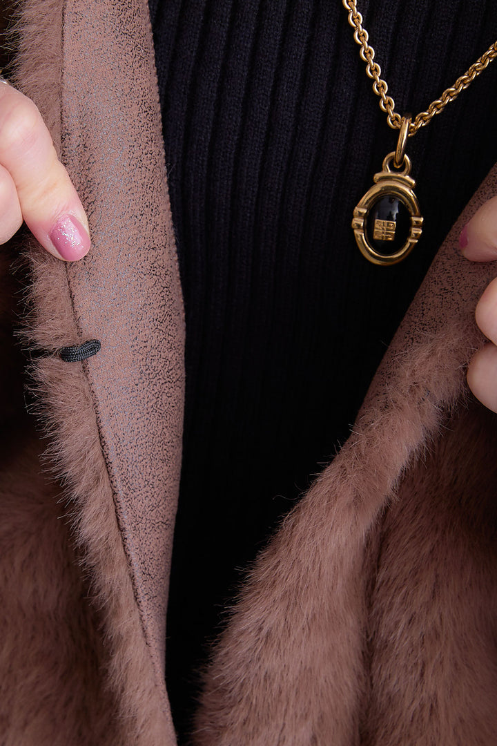 【SET】ZIPポケットサイドプリーツニットワンピース+ノーカラーラウンドシルエットファーコート(2set)