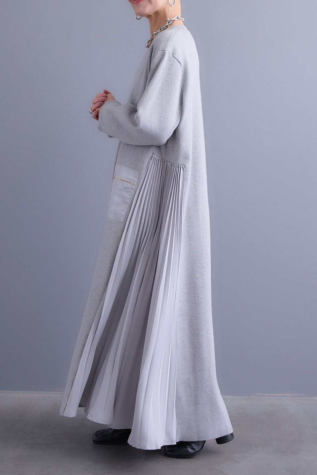 【SET】チュールドッキングナイロンオックスMA-1ジャケット【2WAY】+ZIPポケットサイドプリーツニットワンピース(2set)