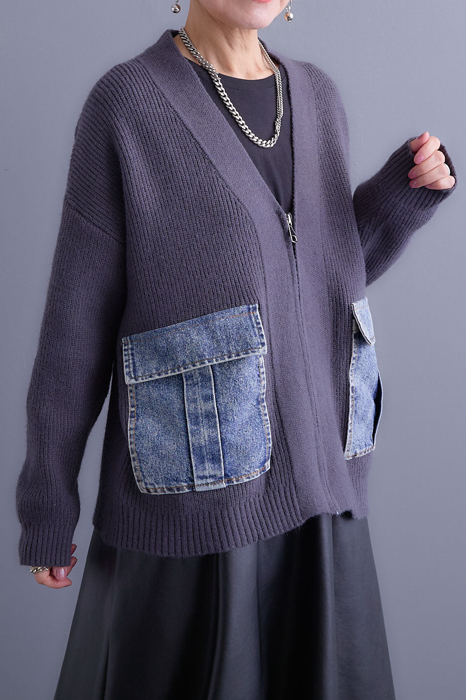 【SET】デニムポケットZIPニットカーディガン+ツートーンアシメラップフレアスカート(2set)