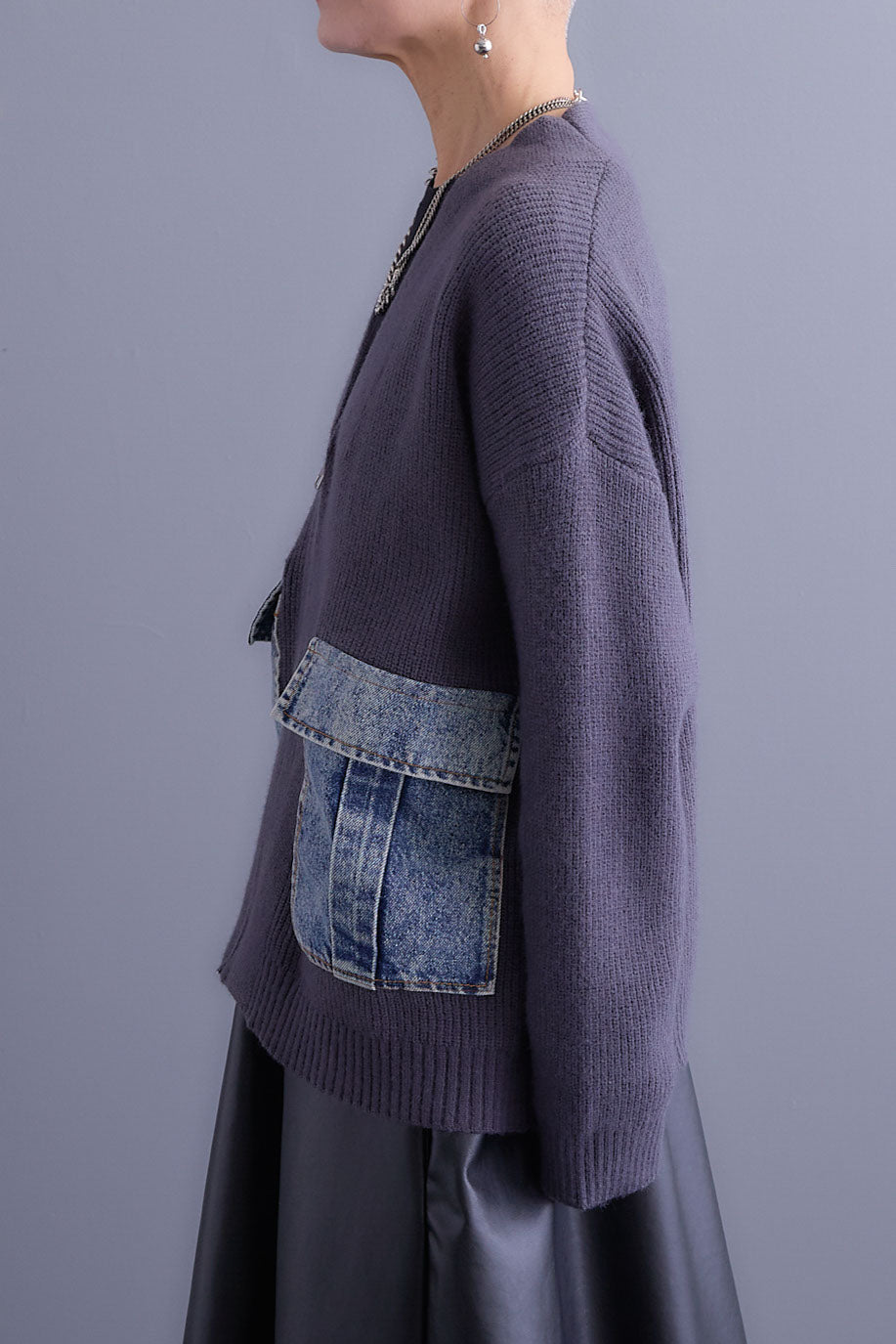 【SET】デニムポケットZIPニットカーディガン+ツートーンアシメラップフレアスカート(2set)