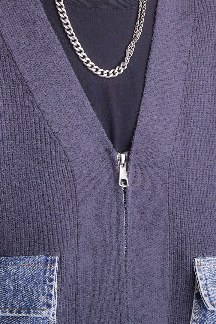 【SET】デニムポケットZIPニットカーディガン+ツートーンアシメラップフレアスカート(2set)