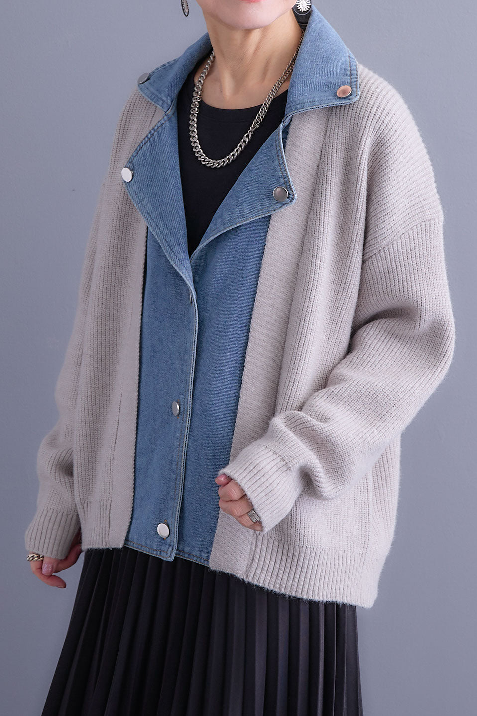 【SET】デニムライダースニットカーディガン+アシンメトリープリーツスカート(2set)