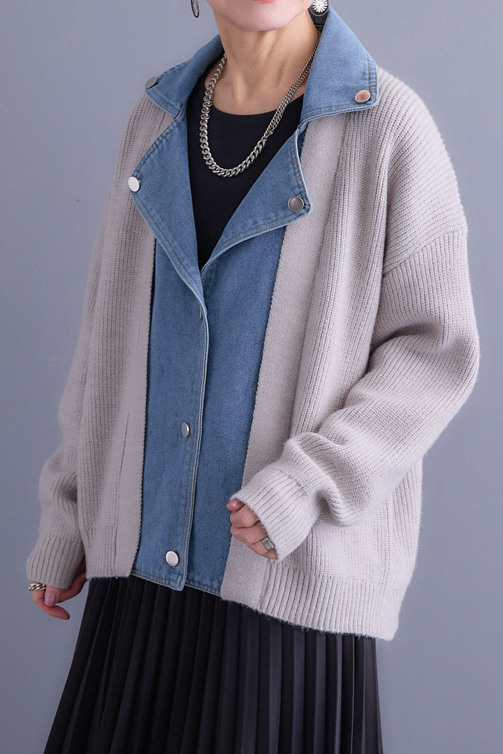 【SET】デニムライダースニットカーディガン+アシンメトリープリーツスカート(2set)