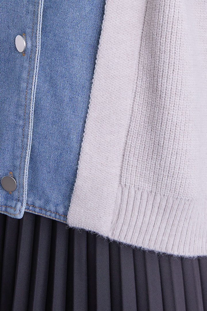 【SET】デニムライダースニットカーディガン+アシンメトリープリーツスカート(2set)