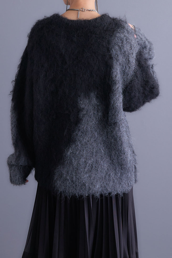 【SET】ミックスヤーンインターシャブロッキングニット+アシンメトリープリーツスカート(2set)