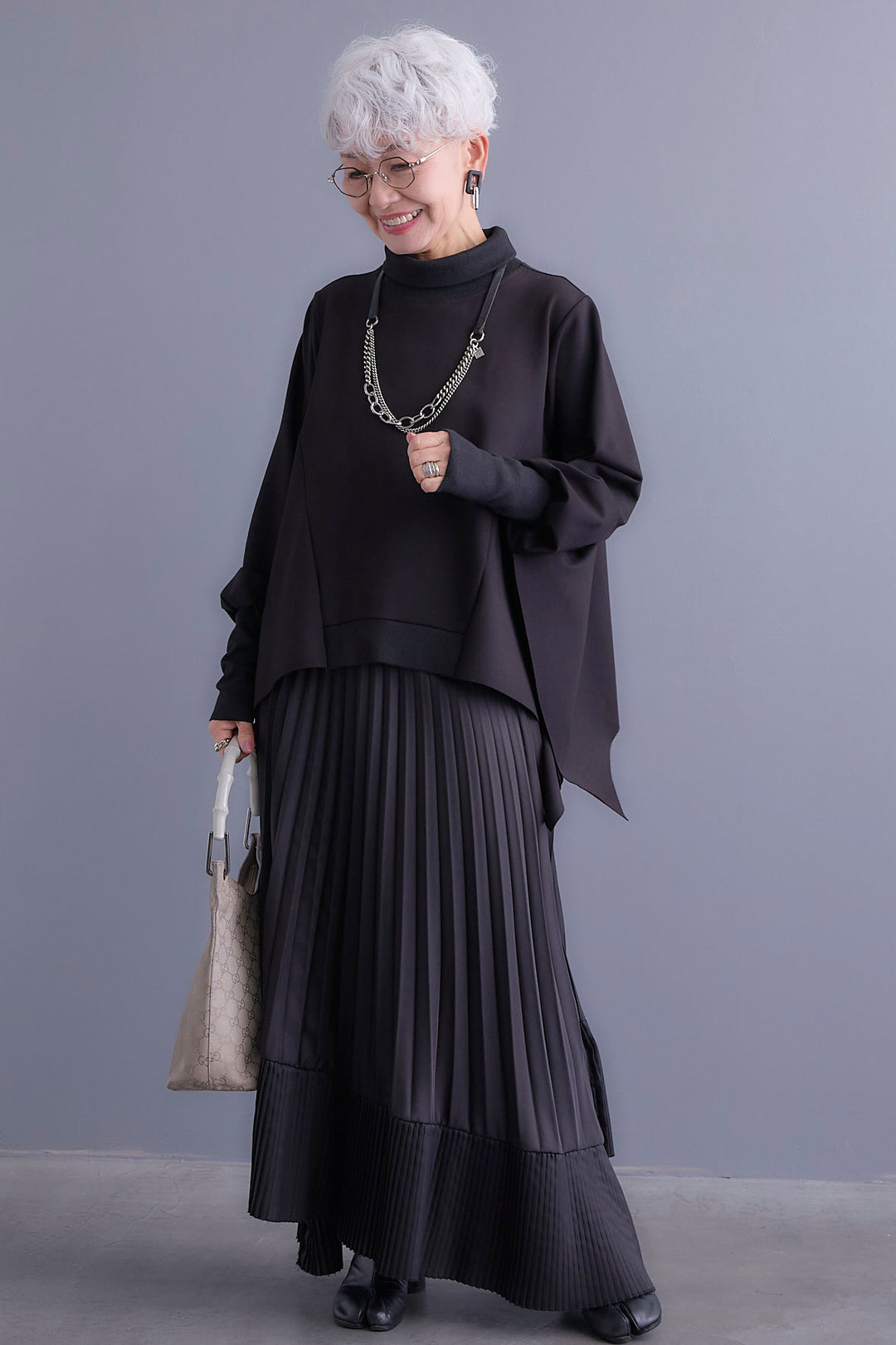 【SET】アシメハイネックポンチョプルオーバー+アシンメトリープリーツスカート(2set)