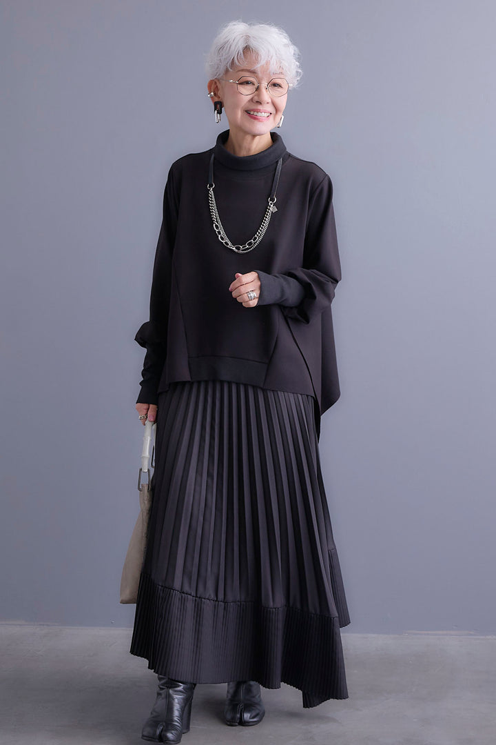 【SET】アシメハイネックポンチョプルオーバー+アシンメトリープリーツスカート(2set)