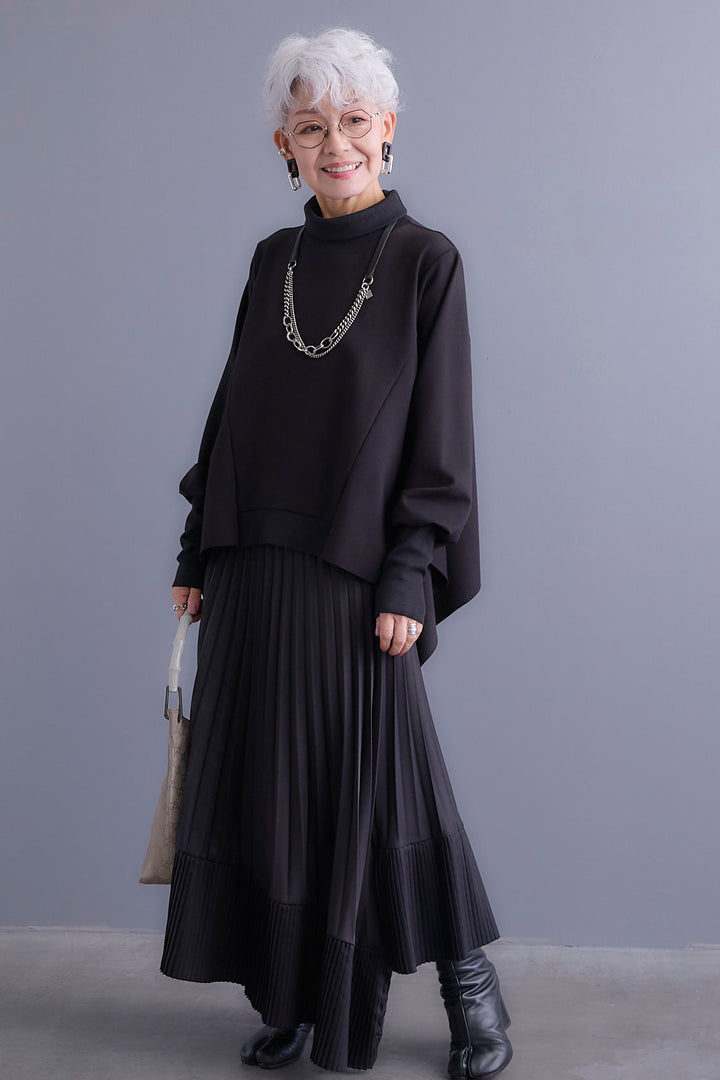 【SET】アシメハイネックポンチョプルオーバー+アシンメトリープリーツスカート(2set)