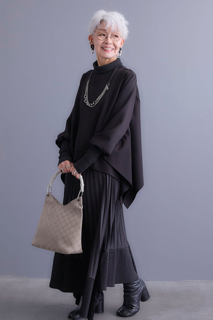 【SET】アシメハイネックポンチョプルオーバー+アシンメトリープリーツスカート(2set)