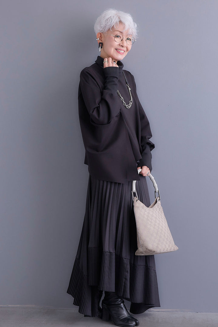 【SET】アシメハイネックポンチョプルオーバー+アシンメトリープリーツスカート(2set)