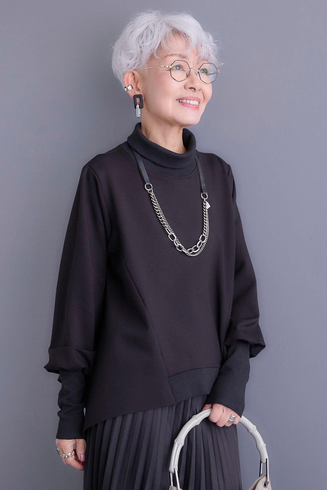 【SET】アシメハイネックポンチョプルオーバー+アシンメトリープリーツスカート(2set)