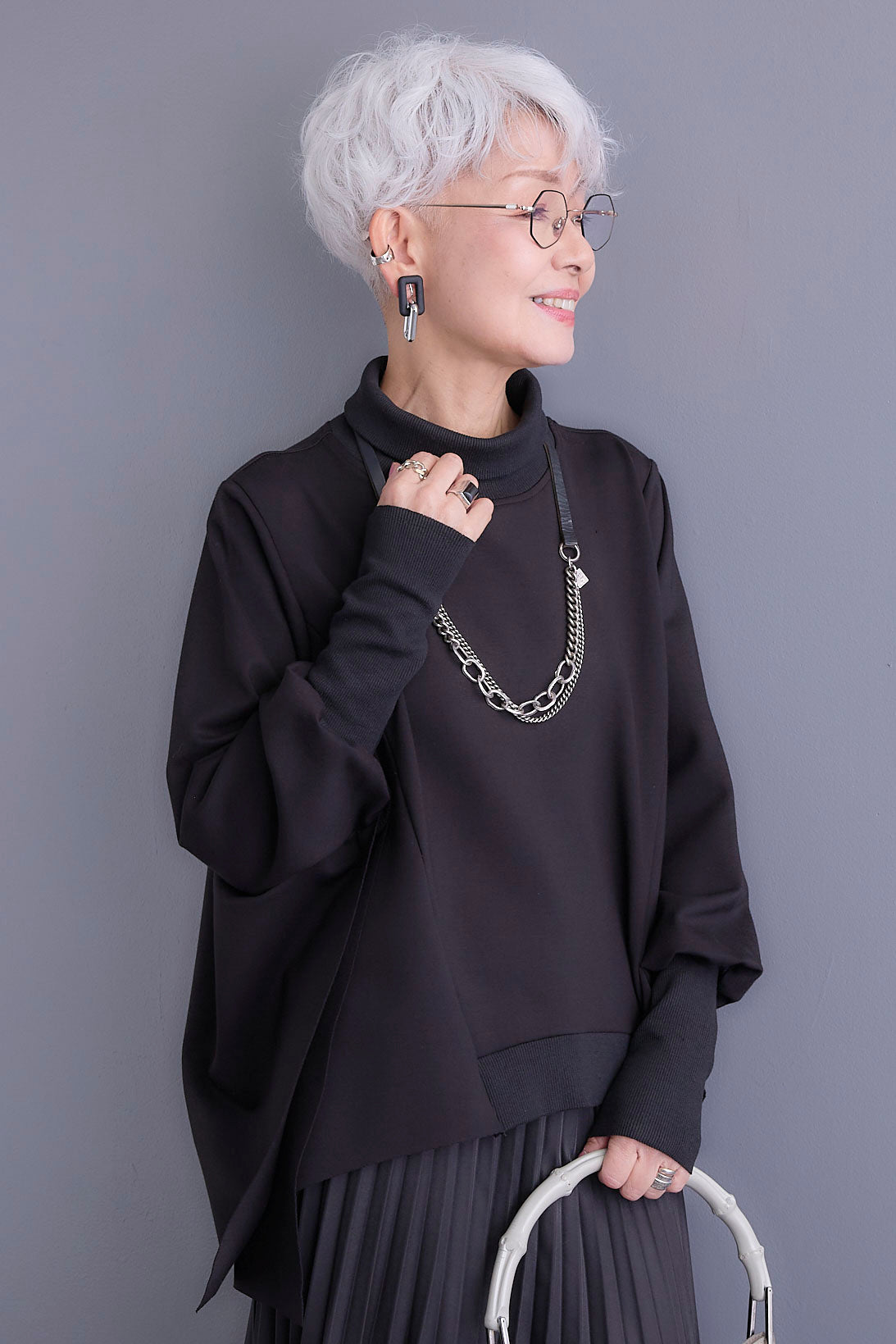 SET】アシメハイネックポンチョプルオーバー+アシンメトリープリーツ