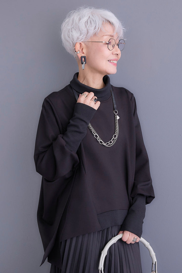 【SET】アシメハイネックポンチョプルオーバー+アシンメトリープリーツスカート(2set)