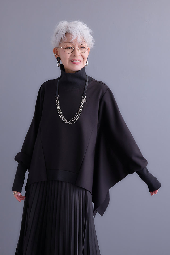 【SET】アシメハイネックポンチョプルオーバー+アシンメトリープリーツスカート(2set)