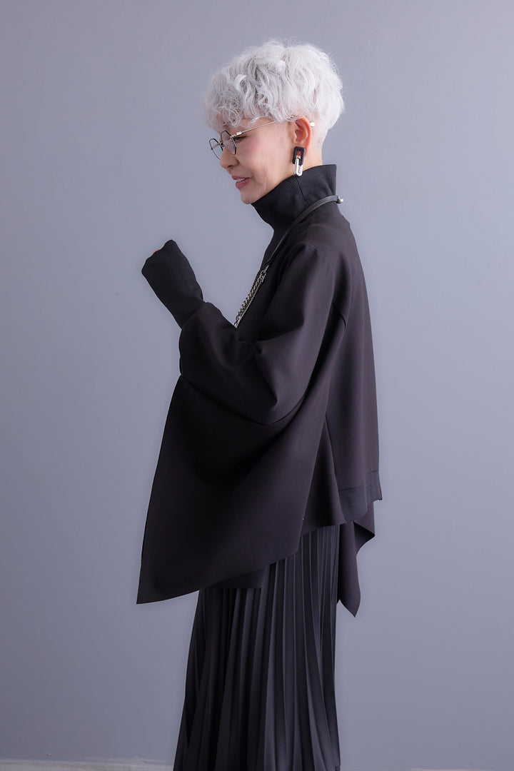 【SET】アシメハイネックポンチョプルオーバー+アシンメトリープリーツスカート(2set)