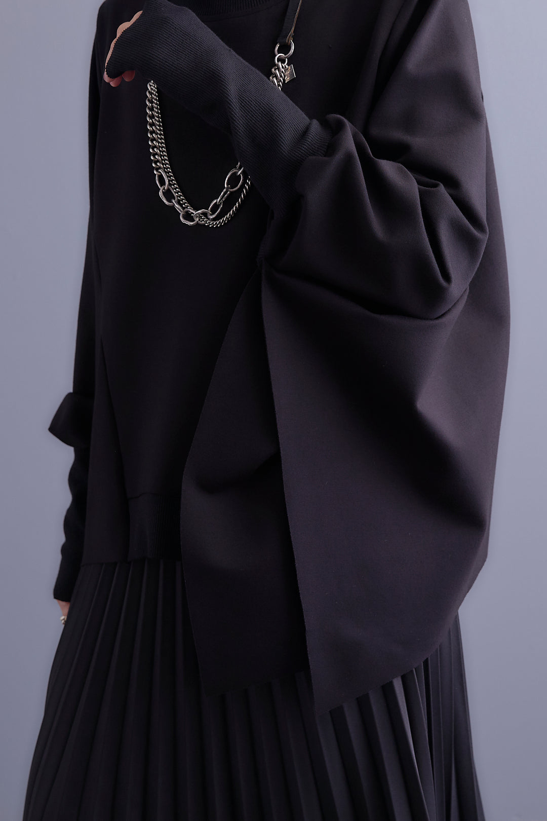 【SET】アシメハイネックポンチョプルオーバー+アシンメトリープリーツスカート(2set)