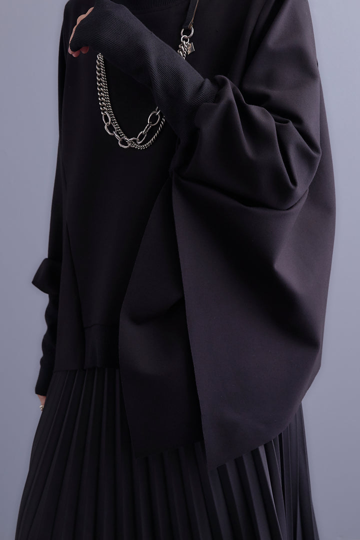 【SET】アシメハイネックポンチョプルオーバー+アシンメトリープリーツスカート(2set)