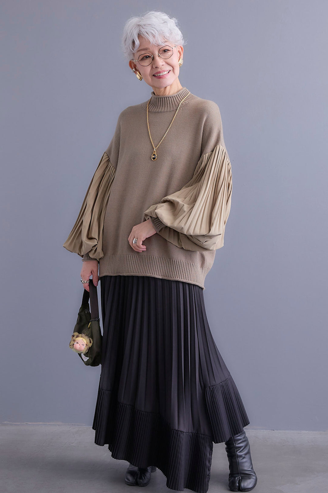 【SET】プリーツボリュームスリーブドッキングニット+アシンメトリープリーツスカート(2set)