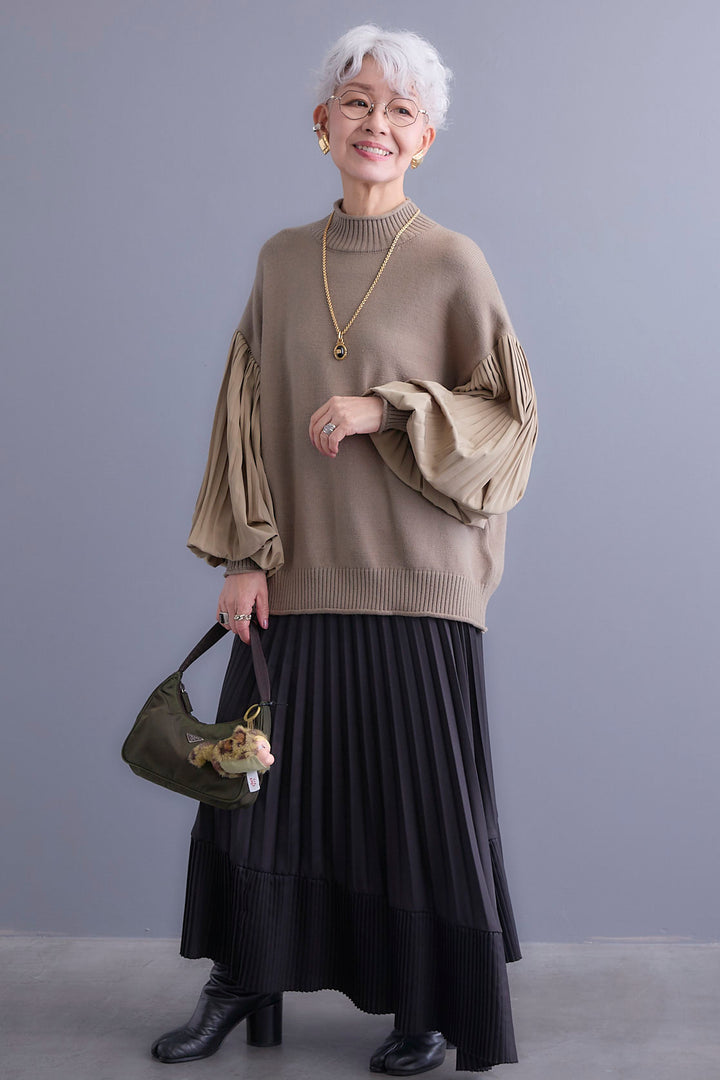 【SET】プリーツボリュームスリーブドッキングニット+アシンメトリープリーツスカート(2set)