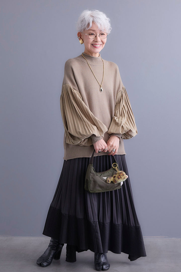 【SET】プリーツボリュームスリーブドッキングニット+アシンメトリープリーツスカート(2set)