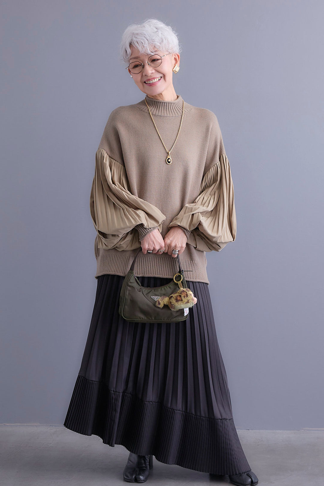【SET】プリーツボリュームスリーブドッキングニット+アシンメトリープリーツスカート(2set)