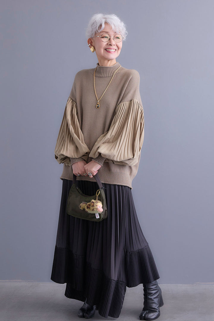 【SET】プリーツボリュームスリーブドッキングニット+アシンメトリープリーツスカート(2set)