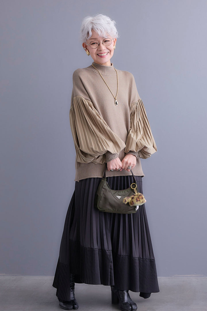 【SET】プリーツボリュームスリーブドッキングニット+アシンメトリープリーツスカート(2set)