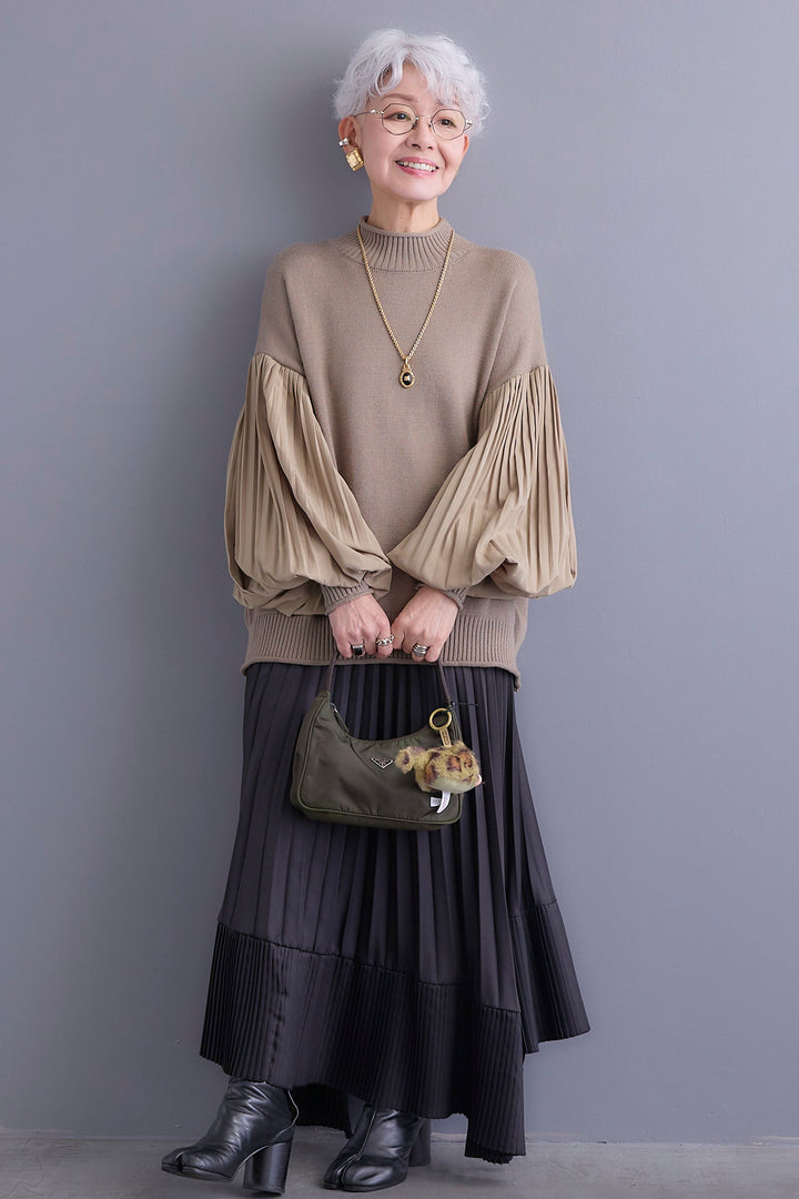 【SET】プリーツボリュームスリーブドッキングニット+アシンメトリープリーツスカート(2set)