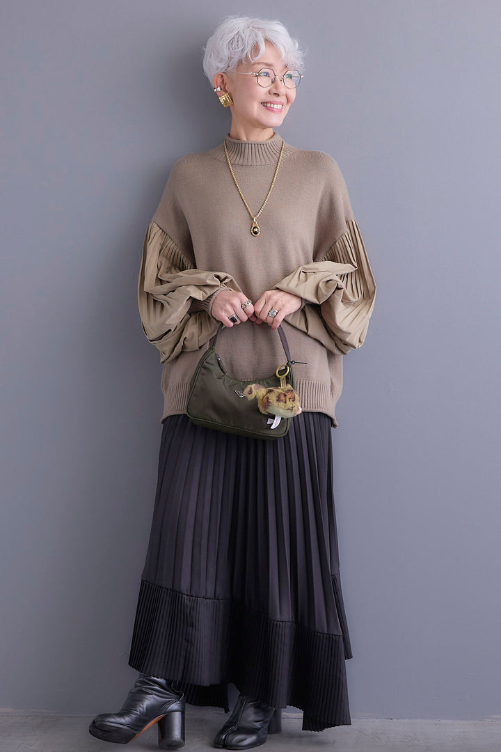 【SET】プリーツボリュームスリーブドッキングニット+アシンメトリープリーツスカート(2set)