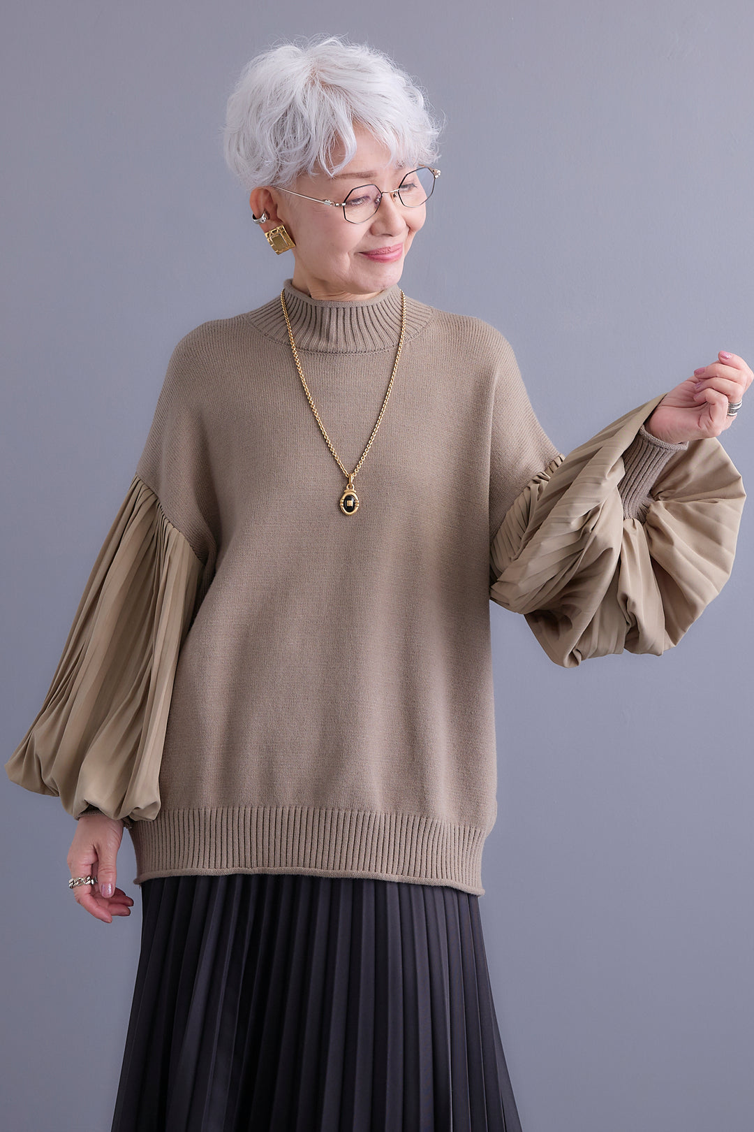 【SET】プリーツボリュームスリーブドッキングニット+アシンメトリープリーツスカート(2set)