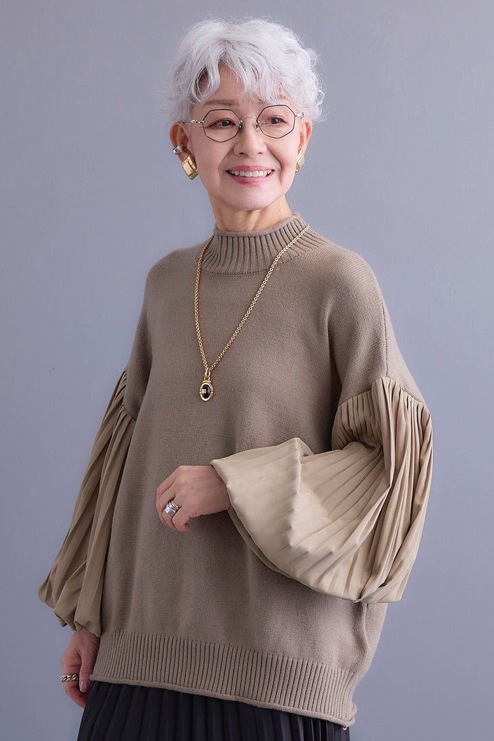 【SET】プリーツボリュームスリーブドッキングニット+アシンメトリープリーツスカート(2set)