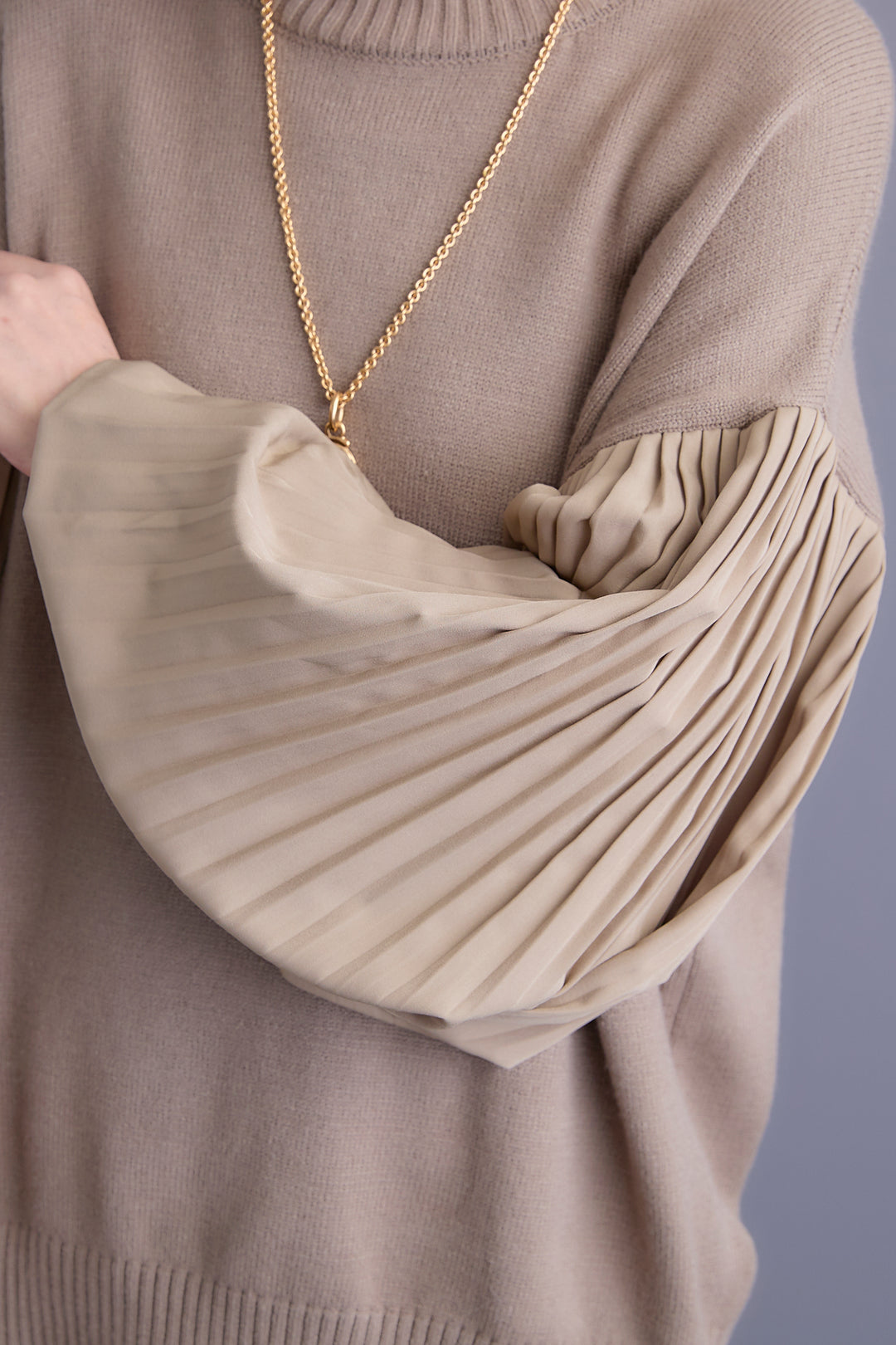 【SET】プリーツボリュームスリーブドッキングニット+アシンメトリープリーツスカート(2set)