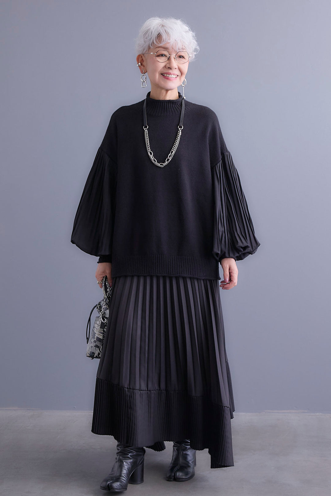 【SET】プリーツボリュームスリーブドッキングニット+アシンメトリープリーツスカート(2set)