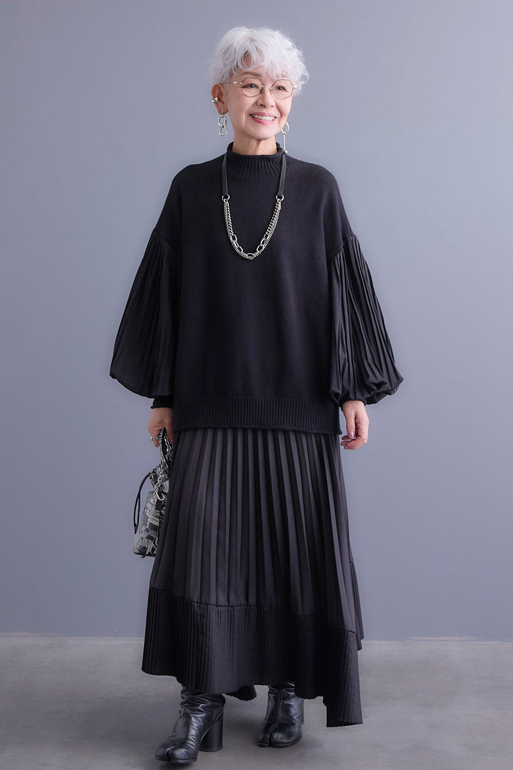 【SET】プリーツボリュームスリーブドッキングニット+アシンメトリープリーツスカート(2set)