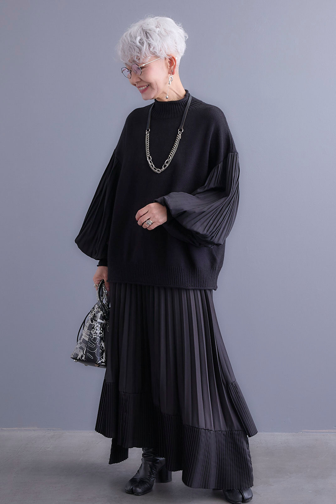 【SET】プリーツボリュームスリーブドッキングニット+アシンメトリープリーツスカート(2set)
