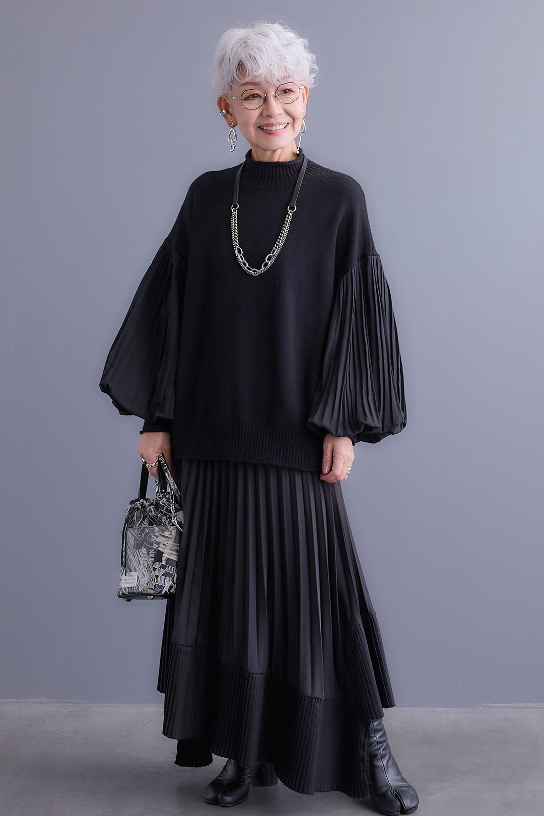 【SET】プリーツボリュームスリーブドッキングニット+アシンメトリープリーツスカート(2set)