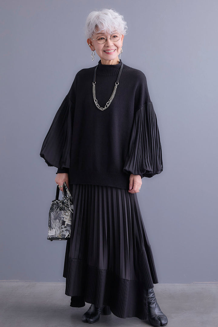 【SET】プリーツボリュームスリーブドッキングニット+アシンメトリープリーツスカート(2set)