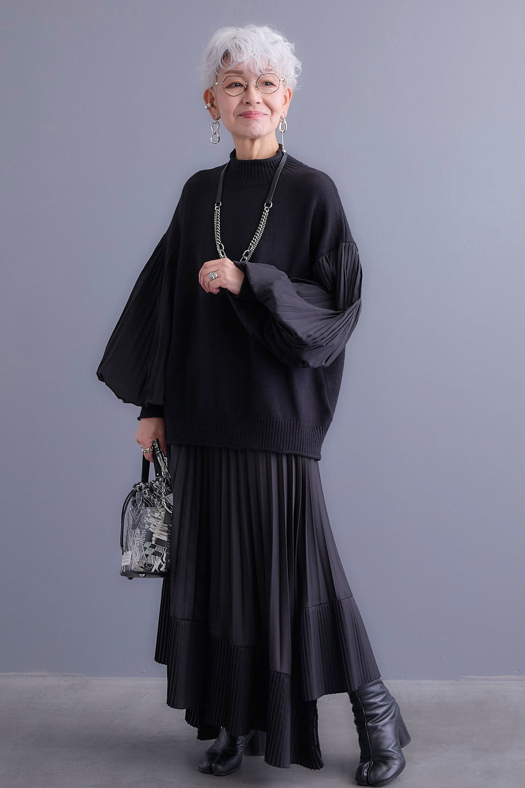 【SET】プリーツボリュームスリーブドッキングニット+アシンメトリープリーツスカート(2set)